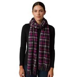 GAP Women’s Plaid Scarf Pink Black Gray Made in Italy Long Fringed Wool Blend‎